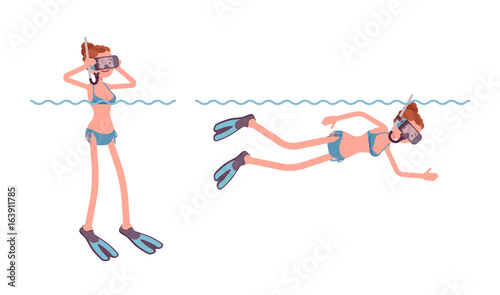 Female swimmer snorkeling under water set