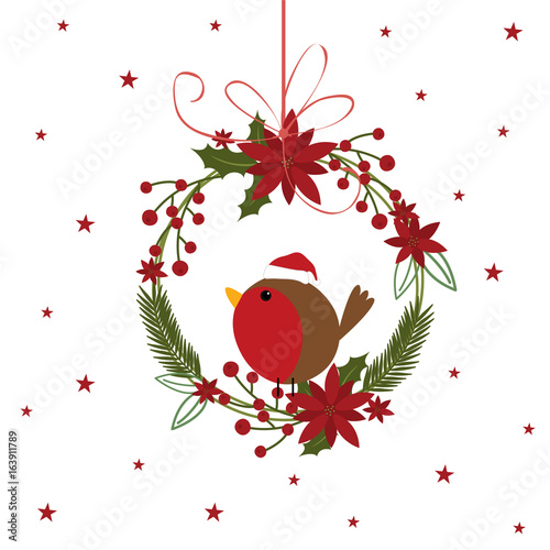 Tableau sur toile Cute robin in Christmas wreath design