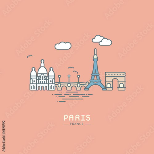 Line icon style Paris city landmarks flat vector illustration