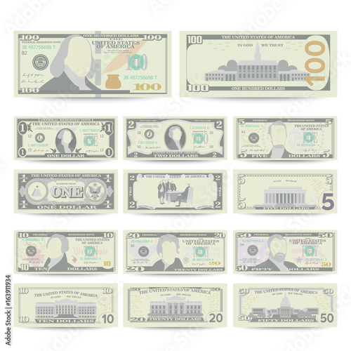 Dollars Banknote Set Vector. Cartoon US Currency. Two Sides Of American Money Bill Isolated Illustration. Cash Dollar Symbol. Every Denomination Of US Currency Note.