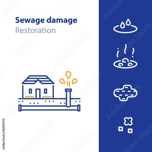 Pipes break, leaking water, sewer damage concept icon