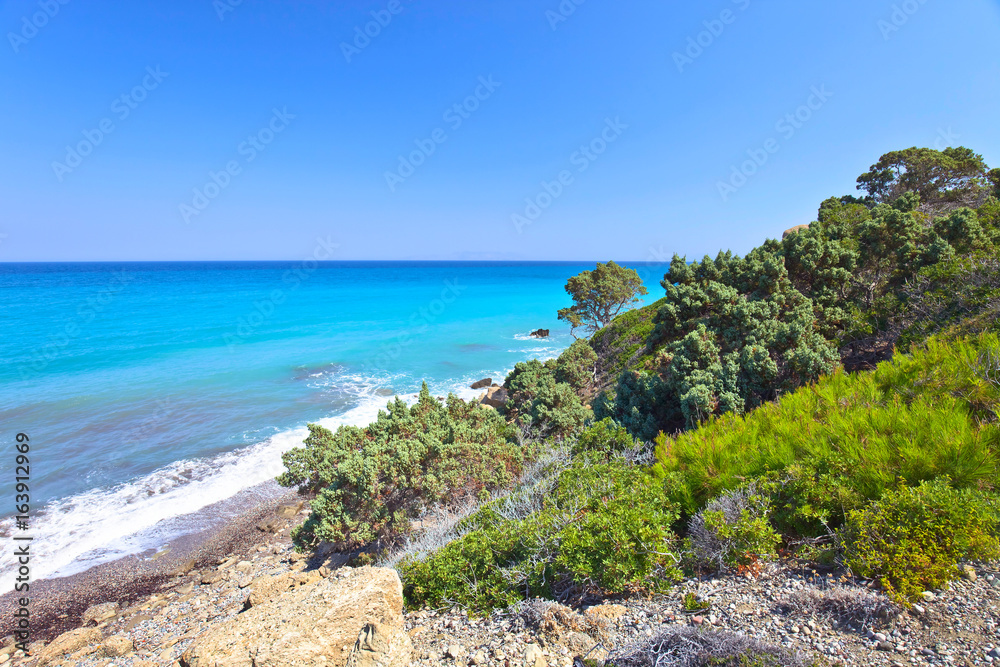 Greece,Rhodes,  coastline of Mediterranean sea .