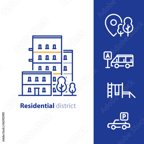 Residential district concept, real estate development, apartment building with nearby amenities