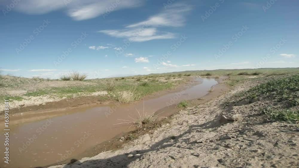 Dirty, Muddy Yellow Small River in the Desert Terrain of the Mongolian Steppes Dirty, Muddy Yellow Small River in the Desert Terrain of the Mongolian Steppes