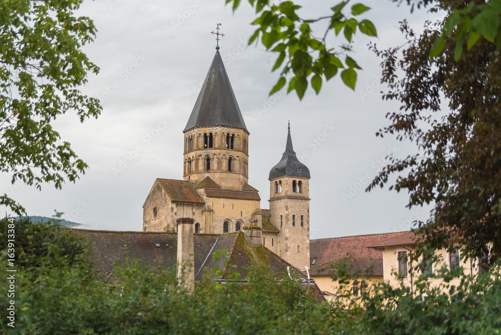 Cluny abbey in Burgundy, view of the church through the trees

