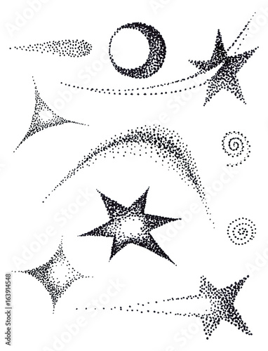 Stars pen dots, Stars pen points three, four, five, six rays with comet tails on a white background photo