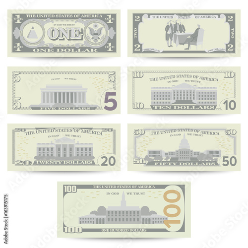 Dollars Banknote Set Vector. Cartoon US Currency. Flip Side Of American Money Bill Isolated Illustration. Cash Dollar Symbol. Every Denomination Of US Currency Note.