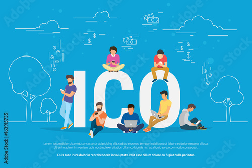 ICO concept vector illustration of young people using laptop and smartphone for online funding new startup or making investments for project. Flat design of initial coin offering of cryptocurrency