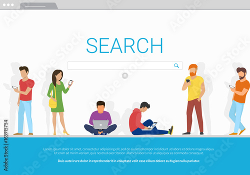 Online search bar concept vector illustration of young people using mobile smarthone and laptop for searching info in web browser. Flat design of guys and women standing into browser webpage frame