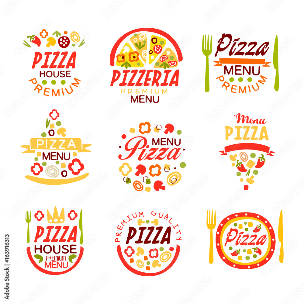 Pizza house, pizzeria premium menu logo templates set of colorful vector Illustrations