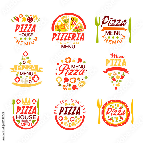 Pizza house, pizzeria premium menu logo templates set of colorful vector Illustrations