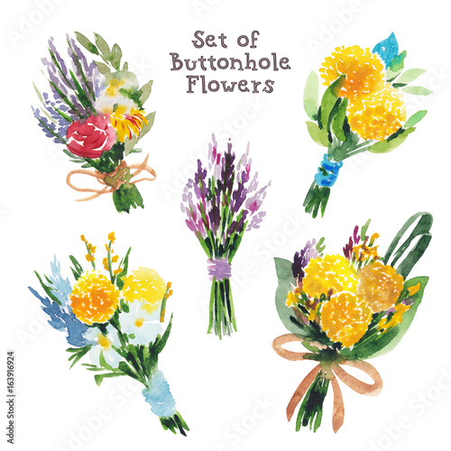 Set of buttonhole bouquets, boutonnieres, summer flowers, hand made watercolor illustration isolated on white background. Little buttonhole bouquets, boutonnieres, summer flowers, decoration elements