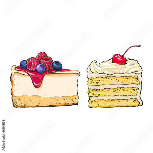 Hand drawn desserts - pieces, slices of cheesecake and layered vanilla cake, sketch style vector illustration isolated on white background. Realistic hand drawing of cheesecake and layered cake pieces