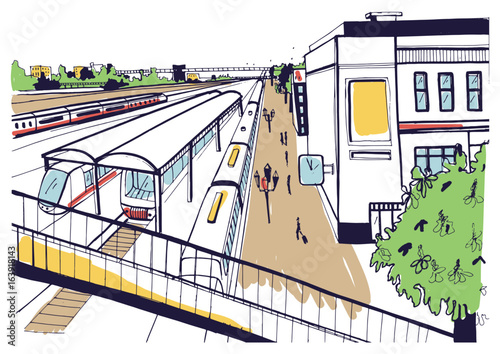 Colorful sketch top view of railway station, platforms with passengers