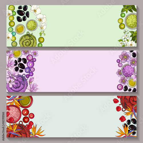 Set of three banner templates with spa salon accessories and tropical flowers on white background in green, purple and red tones, sketch vector illustration. Set of banner designs with spa accessories