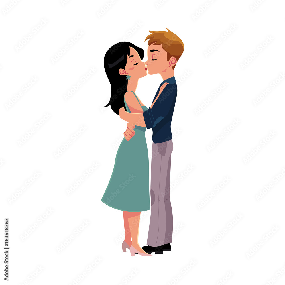 Young couple kissing romantically, hugging each other, cartoon vector  illustration isolated on white background. Full length, side view portrait  of cartoon style kissing, hugging couple, French kiss Stock Vector | Adobe  Stock