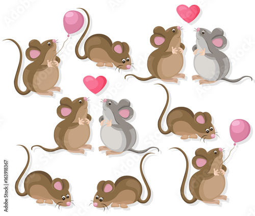 Funny cute mice couple characters in love. Cartoon Vector illustration