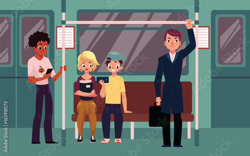 People in subway train car, sitting on seats, standing and holding handrails, cartoon vector illustration. Full length portrait of people, men and women, sitting and standing in subway train