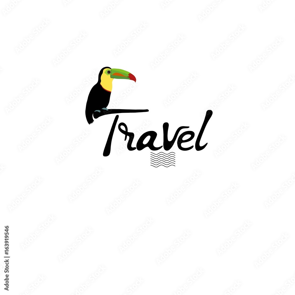 Naklejka premium Travel card with toucan. Hand drawn lettering