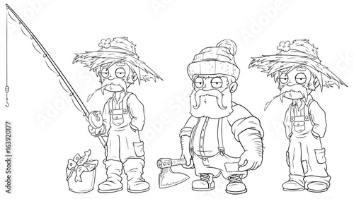Cartoon fisherman farmer lumberjack character vector set