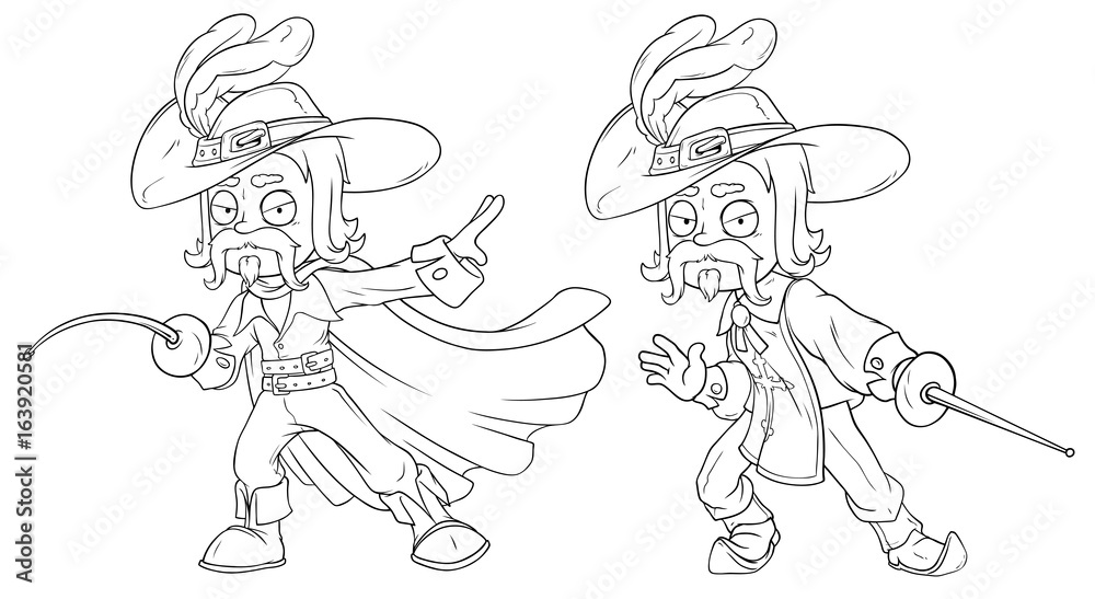 Cartoon musketeer in hat with sword character vector set