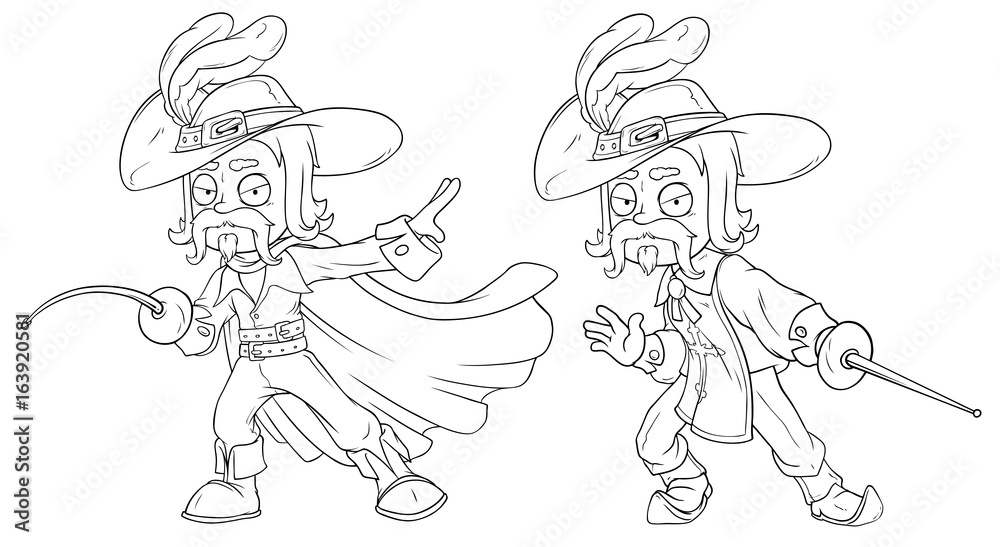 Cartoon musketeer in hat with sword character vector set Cartoon musketeer in hat with sword character vector set
