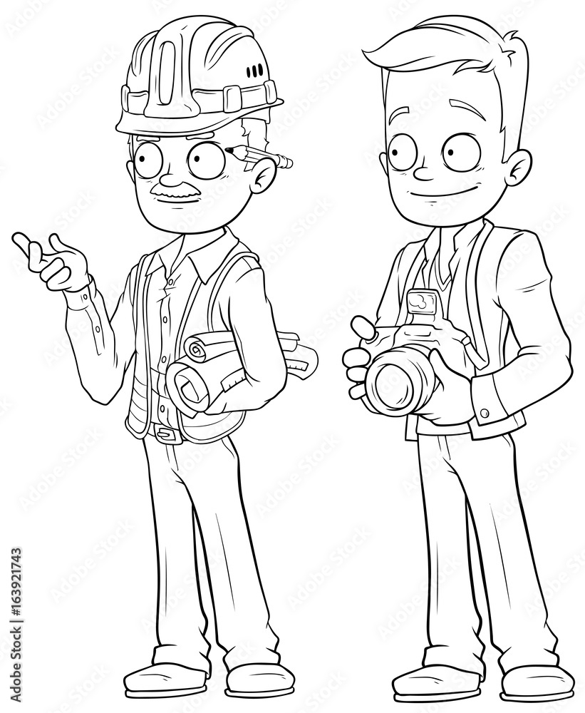 Cartoon engineer and photographer character vector set