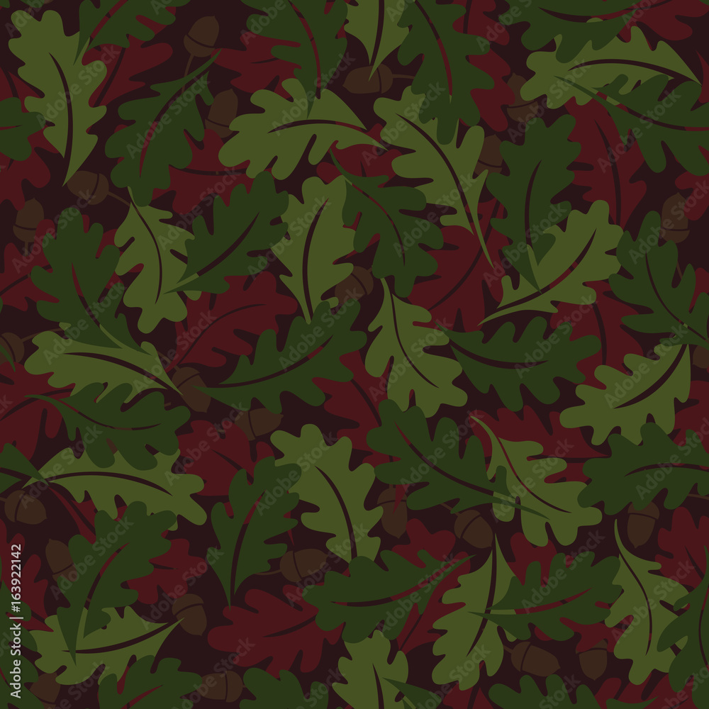 Seamless pattern. Autumn background. Green and brown oak leaves. It can be used for printing on fabric, wallpaper, design and wrapping