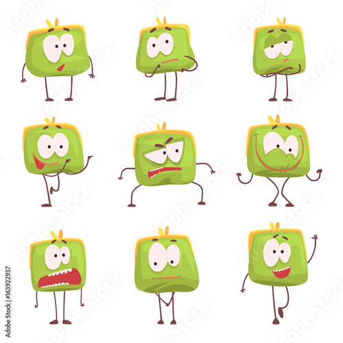 Cute green humanized purse with funny faces set of colorful characters vector Illustrations