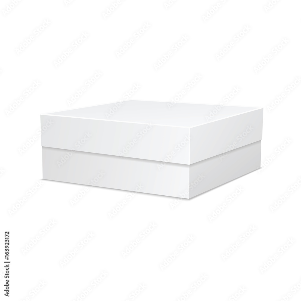 White box. Square box vector illustration. Closed present. Cardboard packaging in side view. Realistic 3d isometric template, package and container. Vector isolated mockup. White box. Square box vector illustration. Closed present. Cardboard packaging in side view. Realistic 3d isometric template, package and container. Vector isolated mockup.
