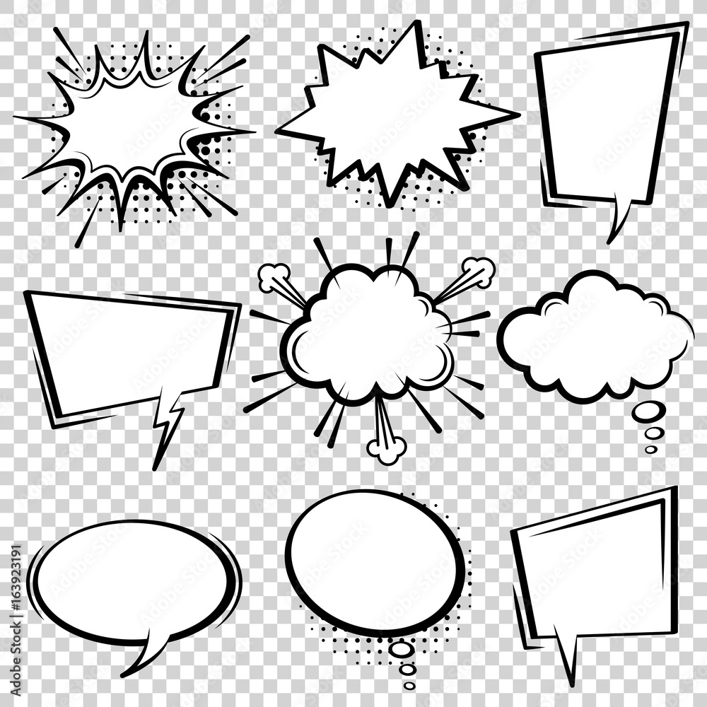 Comic speech bubble set. Empty cartoon black and white cloud pop art expression speech boxes. Comics book vector background template with halftone dots. - obrazy, fototapety, plakaty 