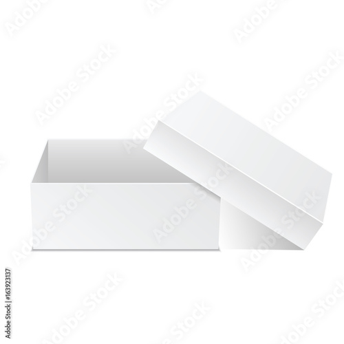 White box. Square box vector illustration with cover. Closed present. Cardboard packaging in side view. Realistic 3d isometric template, package and container. Vector isolated mockup. 