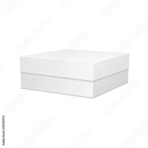White box. Square box vector illustration. Closed present. Cardboard packaging in side view. Realistic 3d isometric template, package and container. Vector isolated mockup. 