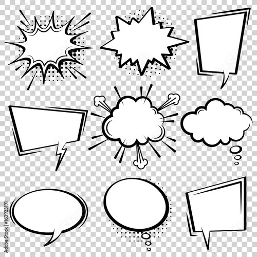 Comic speech bubble set. Empty cartoon black and white cloud pop art expression speech boxes. Comics book vector background template with halftone dots.