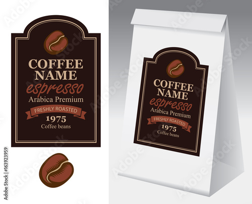 Paper packaging with label for coffee bean. Vector label for coffee in curly frame with coffee bean and inscription on black background and paper 3d package with this label.