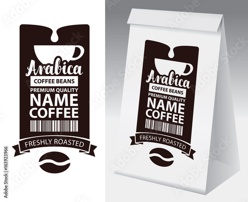 Paper packaging with label for coffee bean. Vector label for coffee with cup, bar code, coffee bean and inscription and paper 3d package with this label.