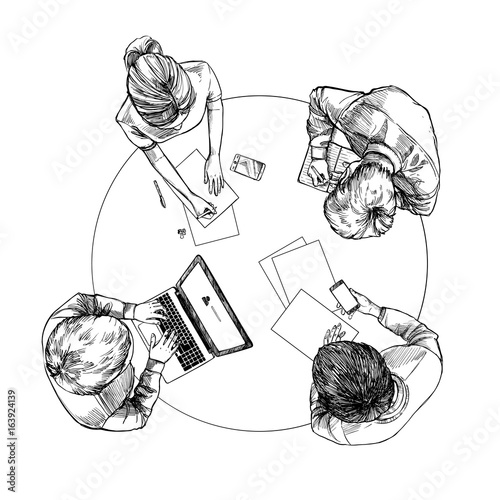 Hand drawn vector illustration. Top view: Business conversation at the table with businessmens. Concept clipart in sketch style. Perfect for presentations, magazins, prints, posters etc