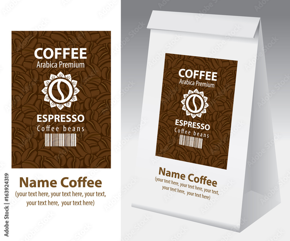 Paper packaging with label for coffee bean. Vector label for coffee with coffee bean, bar code and text on the background of coffee beans and paper 3d package with this label. Paper packaging with label for coffee bean. Vector label for coffee with coffee bean, bar code and text on the background of coffee beans and paper 3d package with this label.