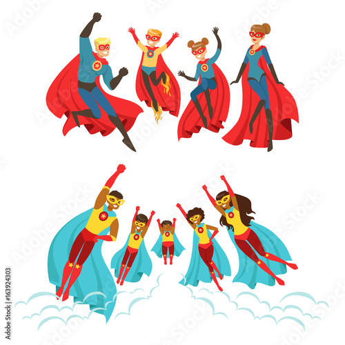 Happy family of superheroes set. Smiling parents and their children dressed as superheroes colorful vector illustrations