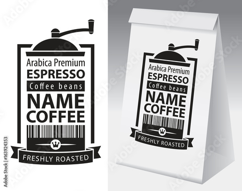Paper packaging with label for coffee bean. Vector label for coffee with coffee grinder, bar code and text and paper 3d package with this label.