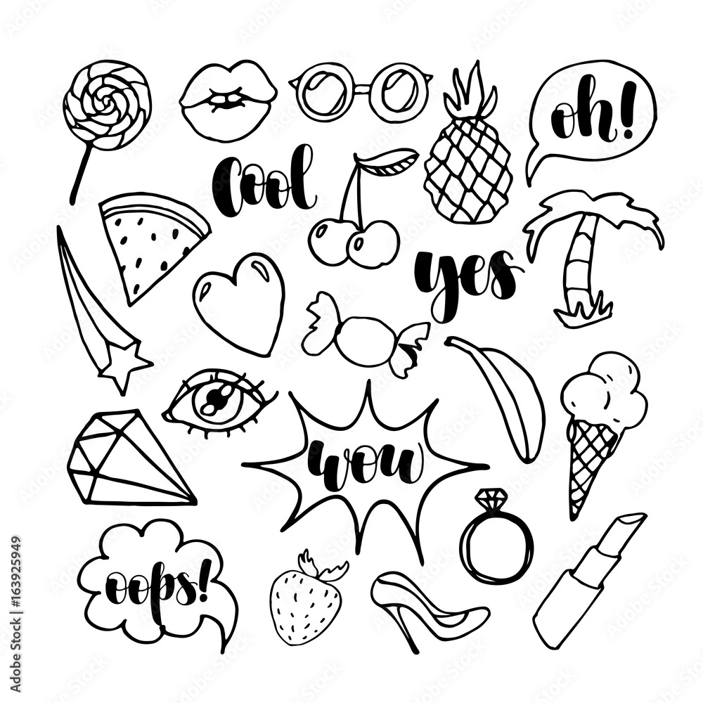 Funny black stickers or pins collection, cute comic characters. Hand drawn  trendy vector illustration Stock Vector