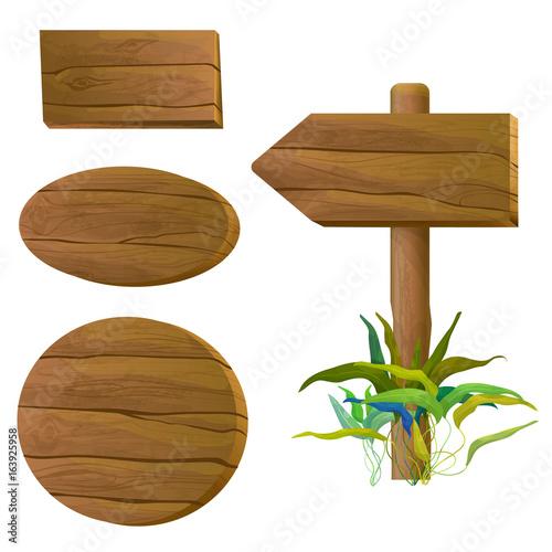 Set of various empty wooden signs (board, old banner),  vector
