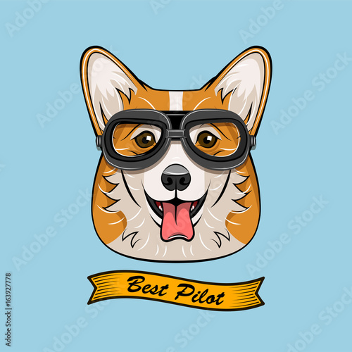 Cute Pilot Corgi Dog Face Traveler Retro Aviator Glasses. Best Pilot Ribbon. Vector Illustration Isolated On White