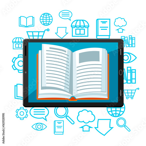 Digital library concept. Tablet with open book. E-book online reading