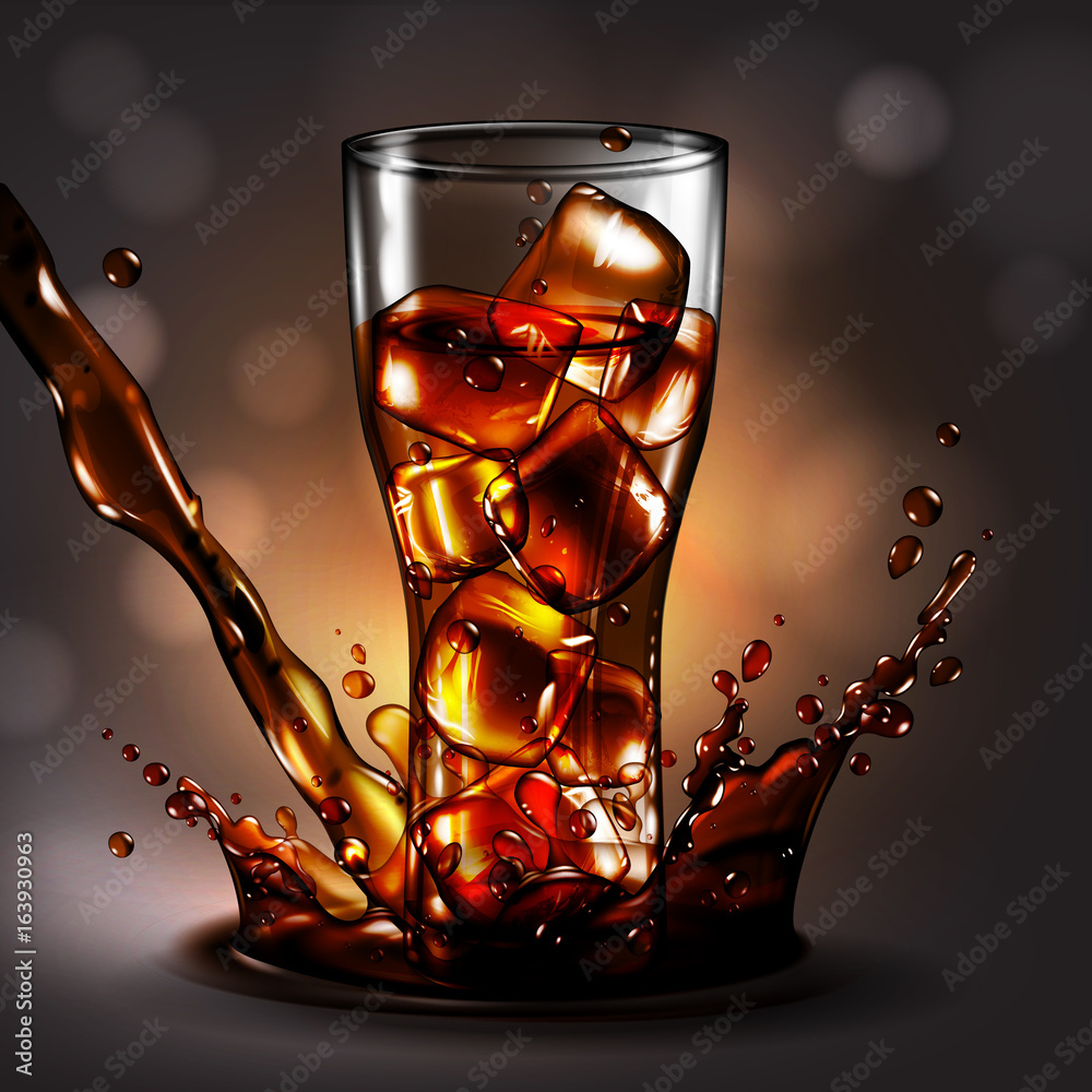 A glass of ice in a cola spray, high detailed realistic illustration