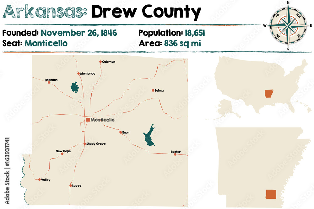 Large and detailed map of Drew County in Arkansas