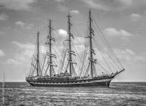 Sailing ship in the sea in black and white