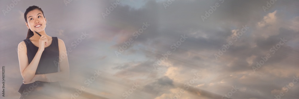 Thinking woman with sky clouds transition Thinking woman with sky clouds transition