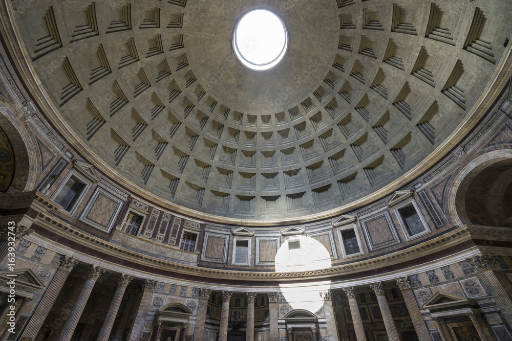 Dome of the Pantheon. Inside view. Ray of sunlight passing throu