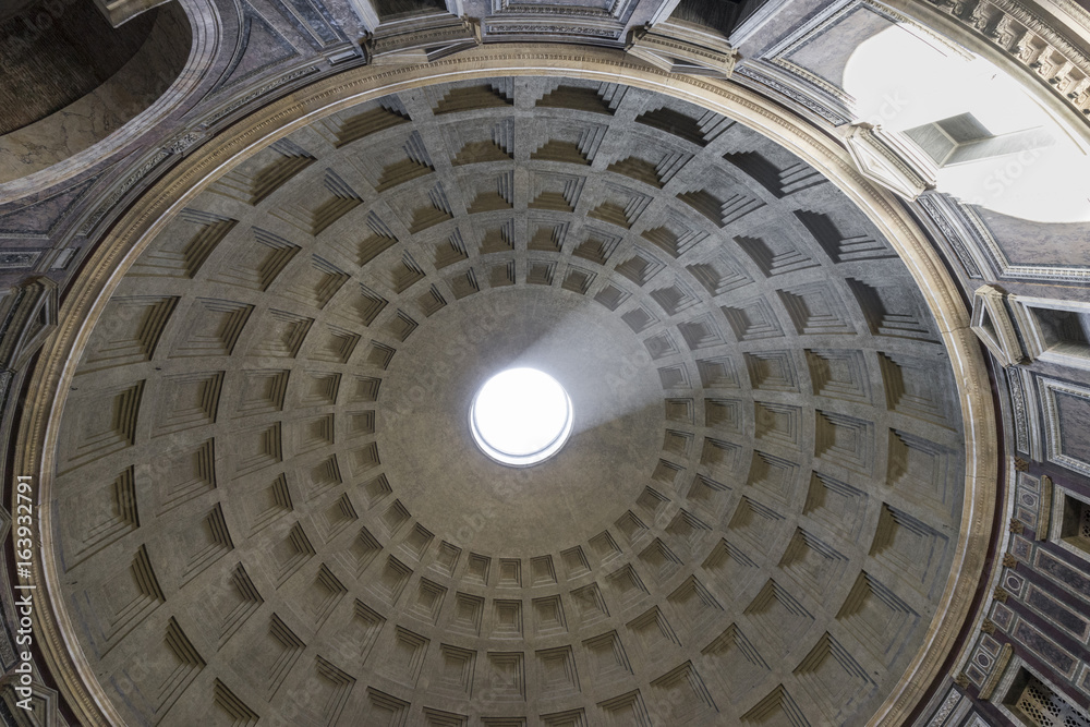 Dome of the Pantheon. Ray of sunlight passing through a hole in